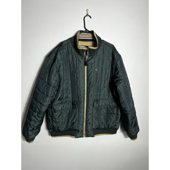 VTG 90s Tommy Hilfiger Reversible Bomber Jacket Tan Green L/XL Puffer Coat Y2K - Picture 2 of 16
